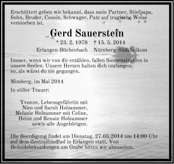 Traueranzeige von Gerd Sauerstein von Pegnitz-Zeitung